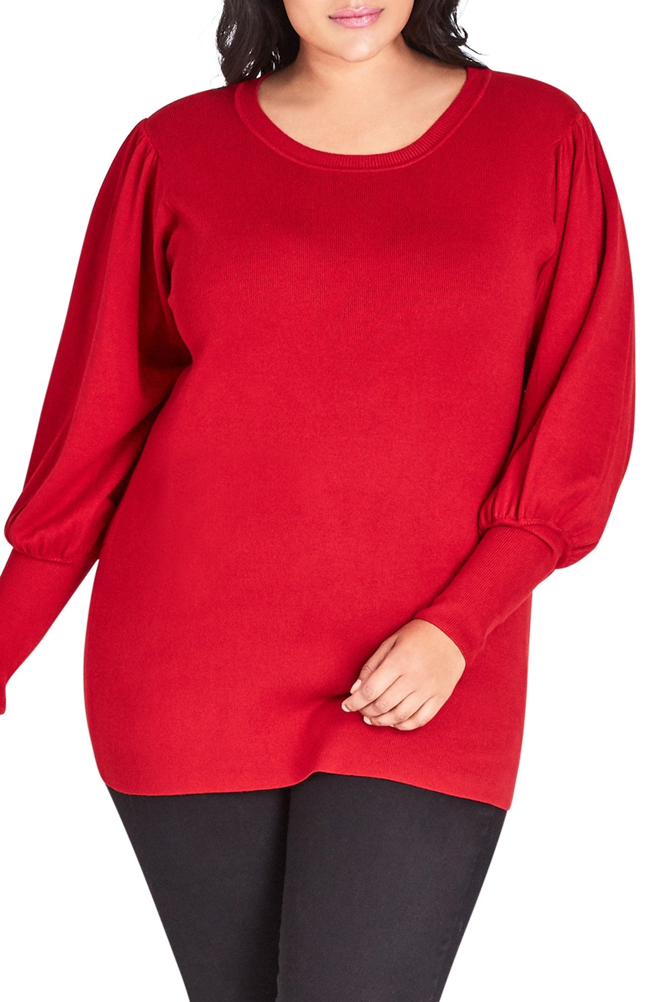 City Chic Plus Balloon-Sleeve Sweater, Size 22W-24W/XL/power red