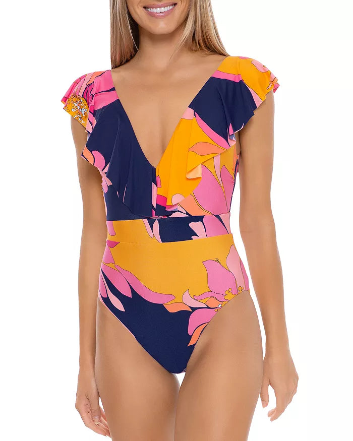 Trina Turk Swim Breeze Ruffle Plunge One Piece / Multicolor, Size 10
