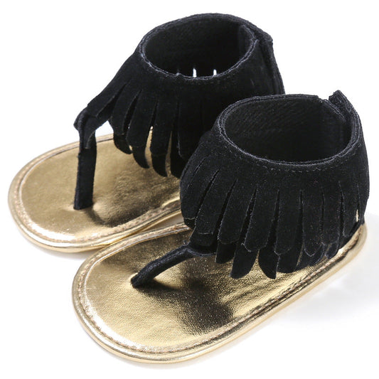 Baby Summer Newborn 0-18M Infant Baby Girls Children's Sandals Summer New Retro Tassel Flannel Baby Shoes Solid Non-slip