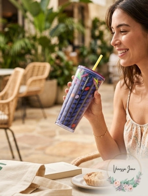 Starbucks Floral & Leaves Purple Plastic Tropical Cold Cup 24Oz