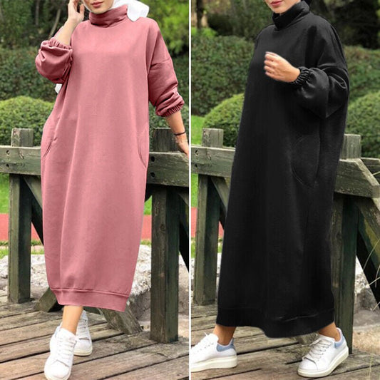 Autumn Winter Lined Turtleneck Maxi Dress | Casual Sweatshirt Dress with Elastic Cuffs (MS138)