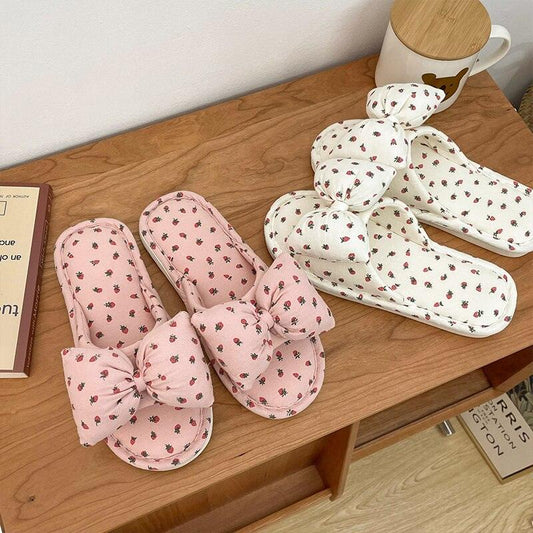 Beautiful Bow Flat Lightweight Soft Spring Autumn Women Cotton Shoes Indoor Fluffy Warm Home Comfortable High Quality Slippers Memory Foam Open Toe Slide Slippers Ribbon Strap Slip-On House Shoes