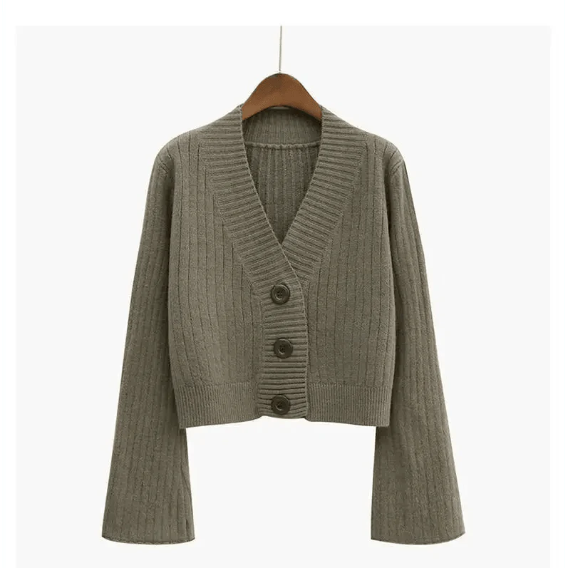 Elegance Cardigan Autumn Long Flare Sleeve Short Sweater Women Ribbed Knitted Cotton Tops Black White Ladies Soft Outwear Female