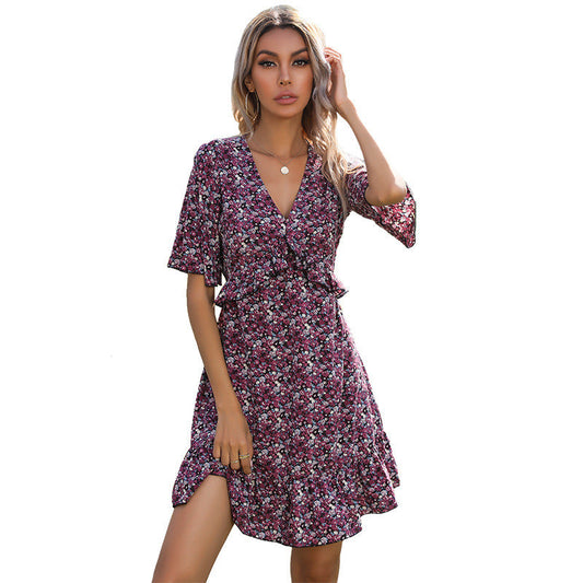 Women's Summer Floral Short Sleeve Back Ruffle Dress