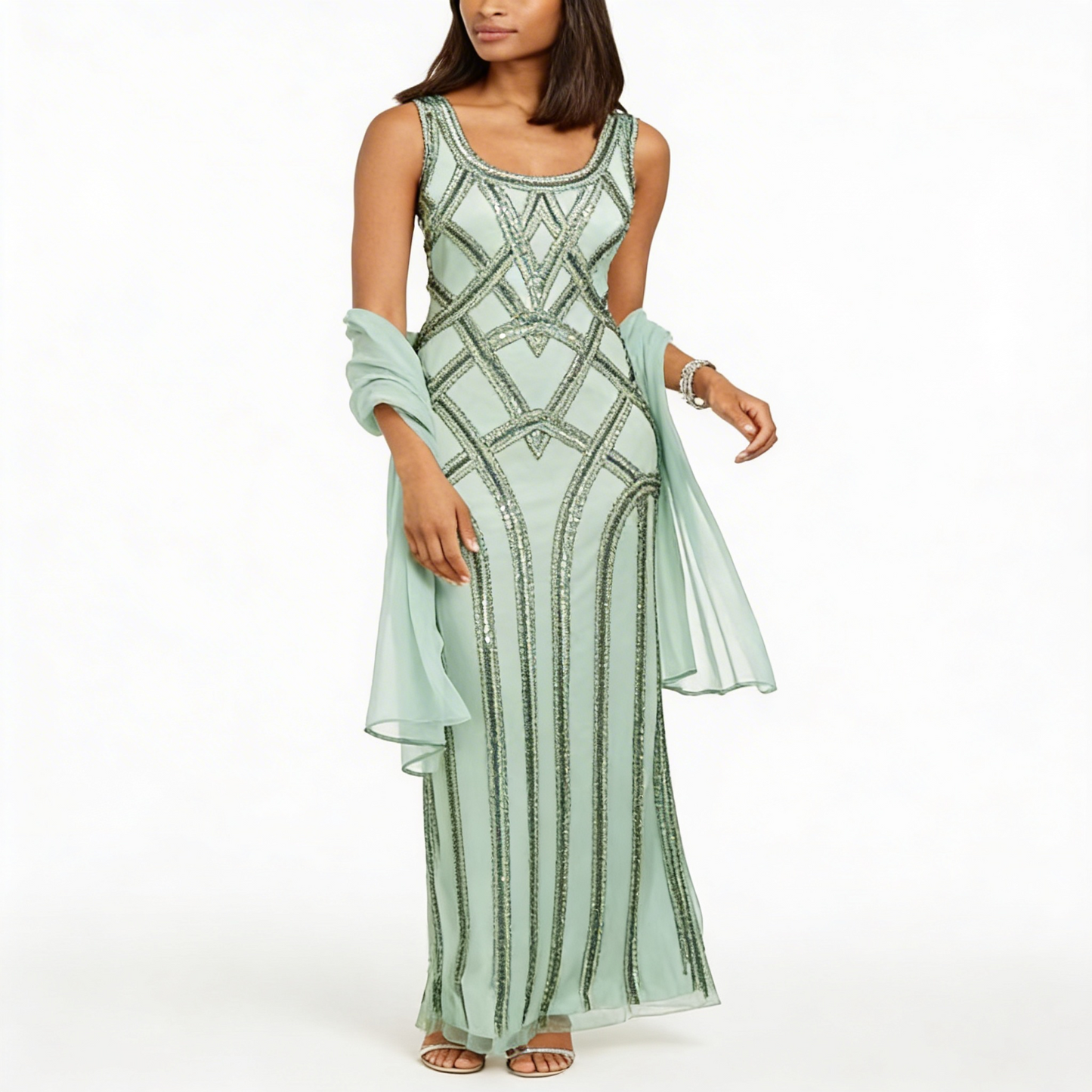 J Kara Embellished Gown & Scarf, Size 14