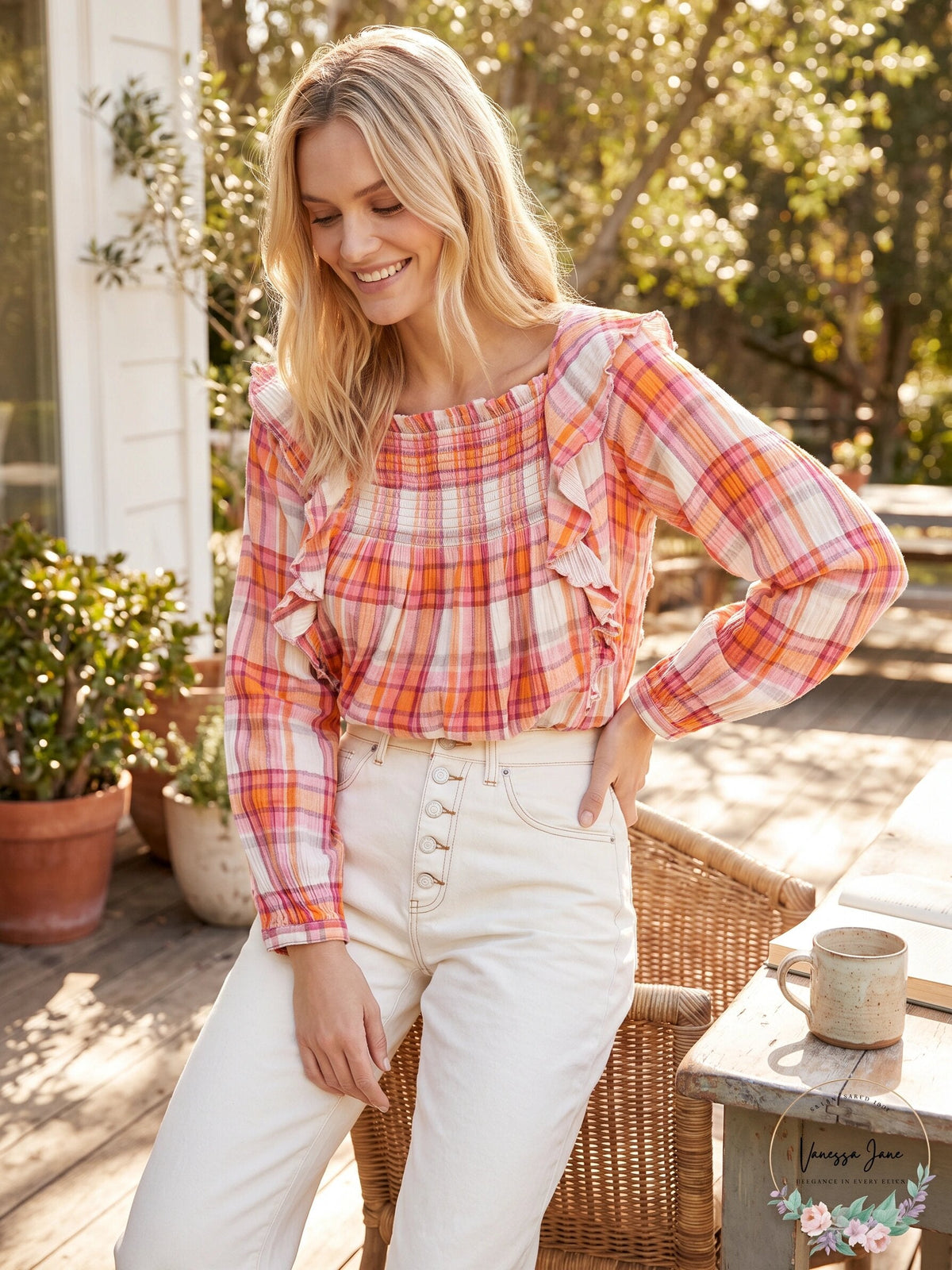 Free People Womens Ruffled Cut Out Plaid Long Sleeve Square Neck Top, Medium