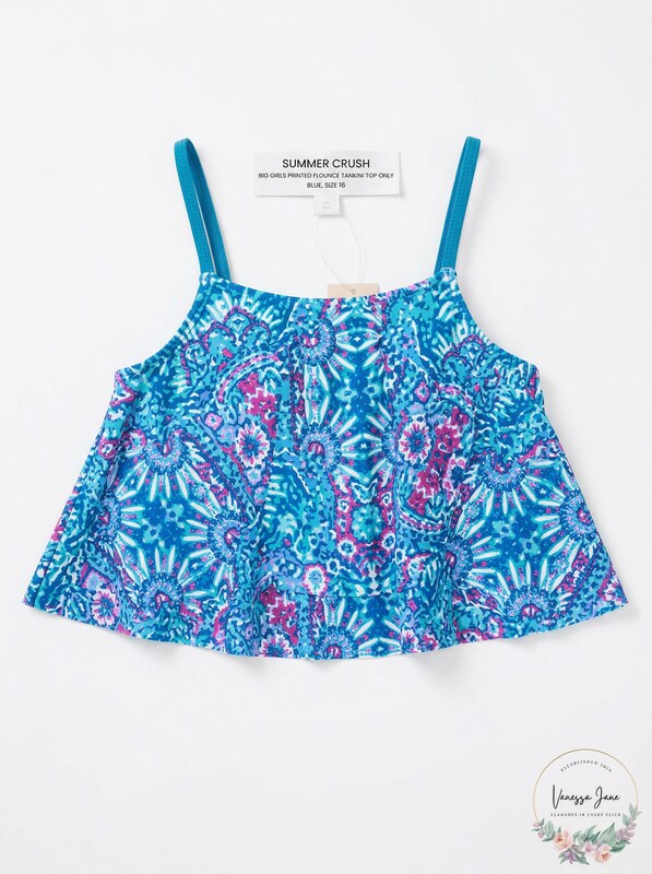 Summer Crush Big Girls Printed Flounce Tankini TOP ONLY - Blue, Size 16
