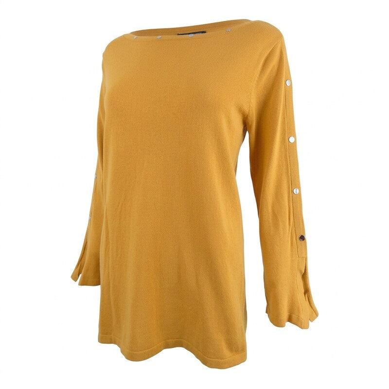 Alfani Womens Embellished Jewel Neck French Gold Sweater Size PS
