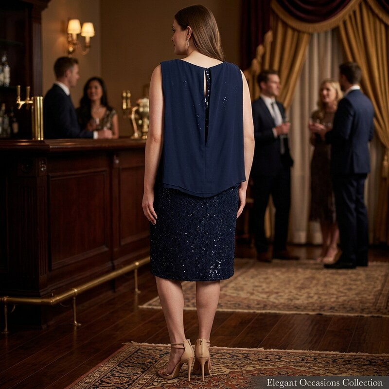 SLNY Womens Navy Embellished Sheer Overlay Sheath Formal Dress Plus Size: 16W