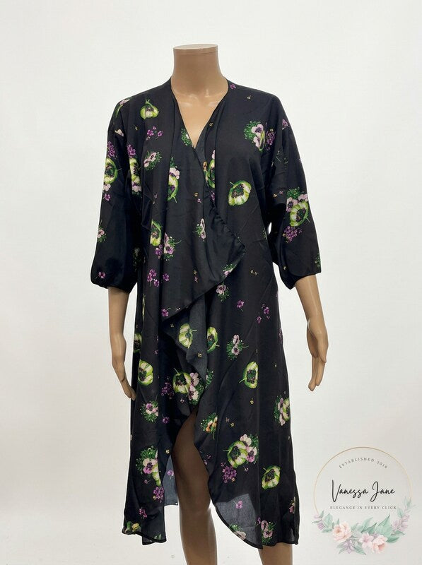 LuLaRoe Kimono Sheer Black/Floral Coverup Cardigan, Size Medium
