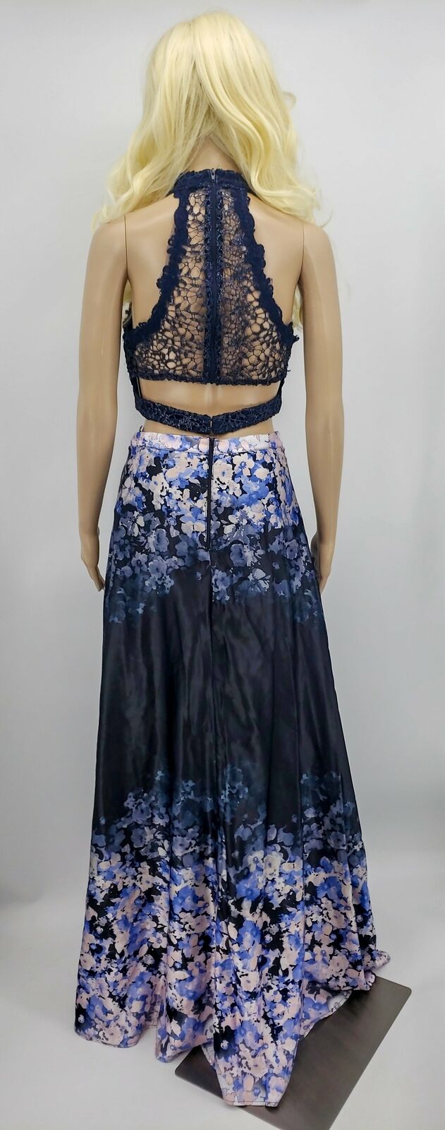 City Studios Juniors 2-Pc. Glitter Lace Top and Floral Skirt Navy, Size 7
