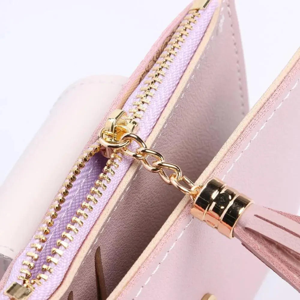 Women Pink PU Leather Short Wallet Trendy New Fashion Vintage Mini Purses Cute Feather Design Wallets