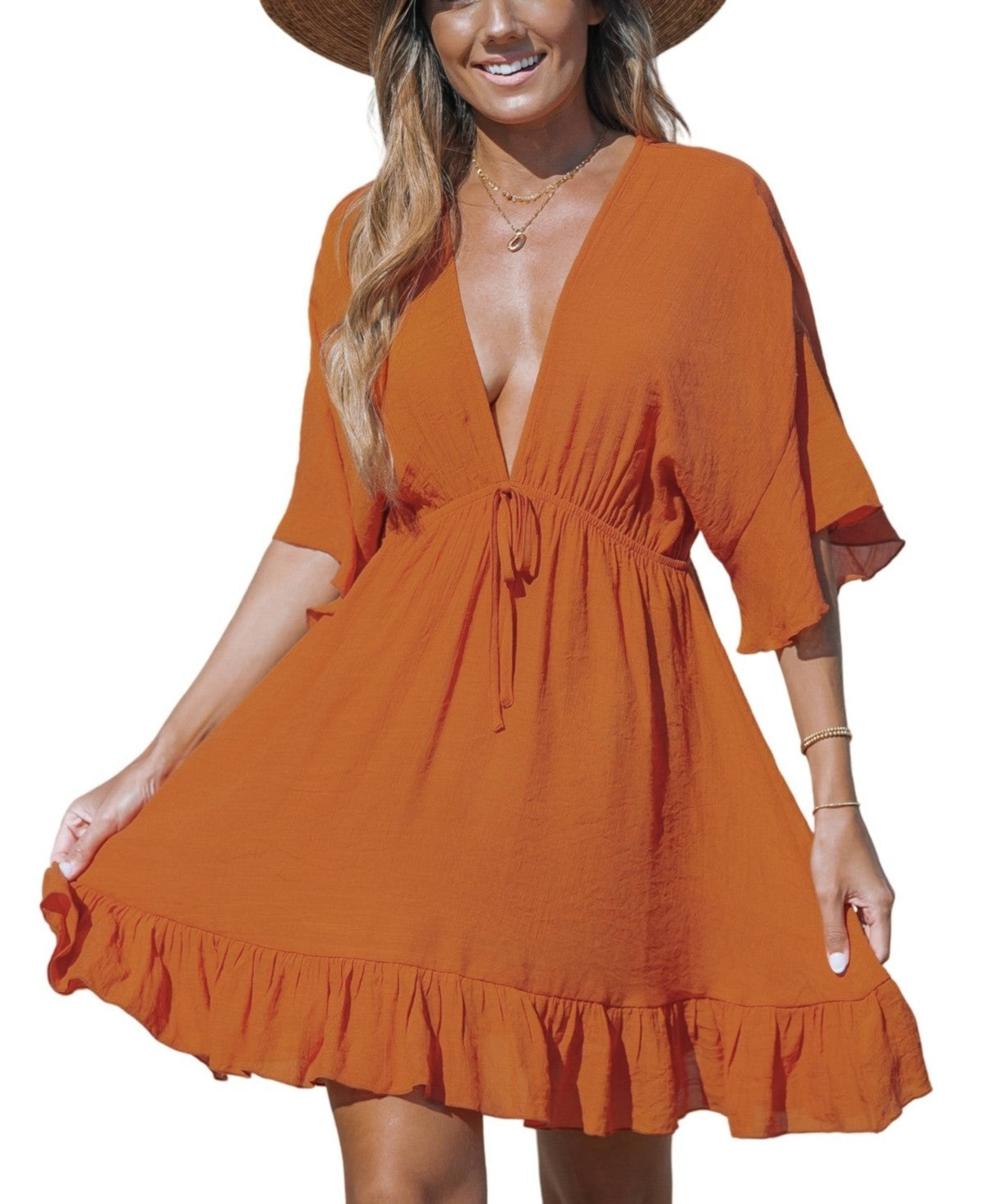Cupshe Womens Ruffled Tie Front Mini Cover-up Dress, Small