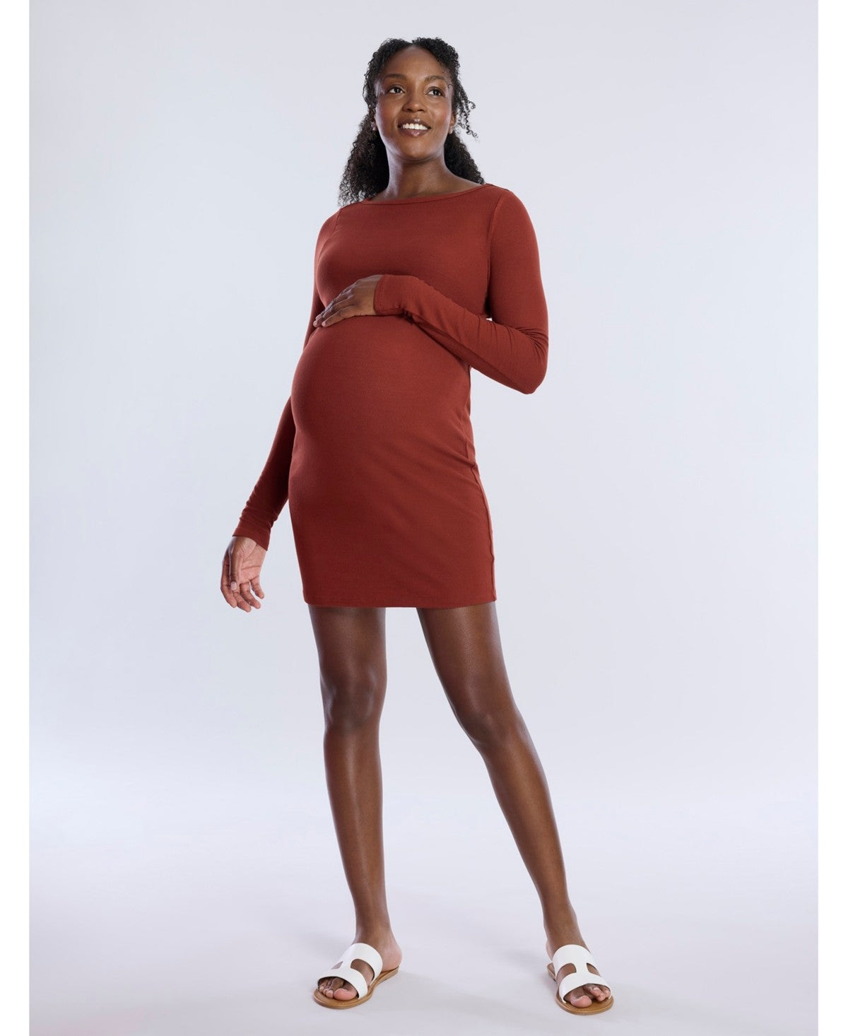 Motherhood Maternity Crew Neck Rib Knit Long Sleeve Mini Dress, M
