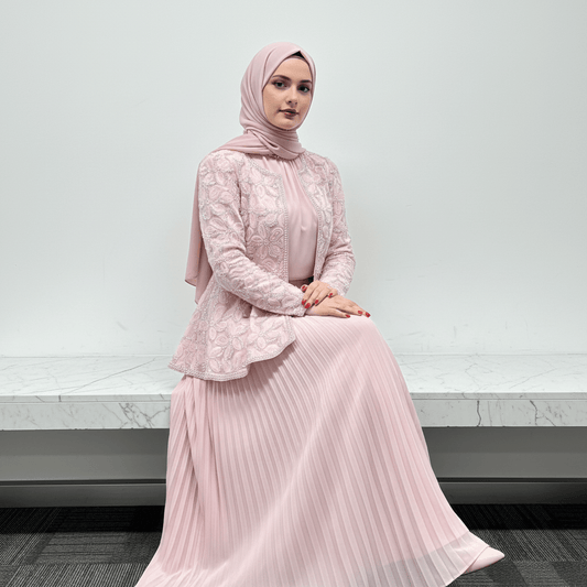 2-Piece Pearl Beaded 3D Rose Embroidered Jacket & Chiffon Pleated Maxi Dress Set(MS401)