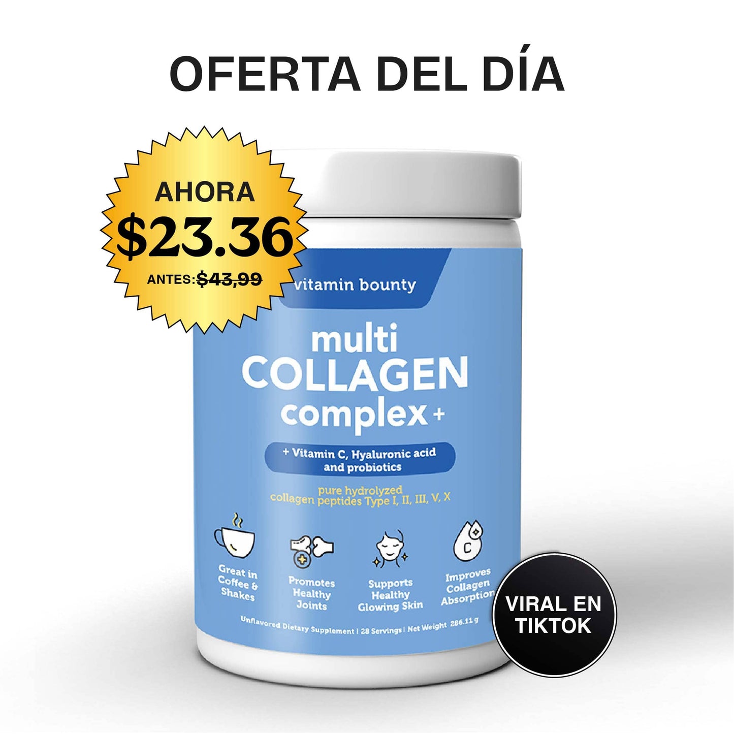Colágeno Hidrolizado 5 en 1 con Ácido Hialurónico, Vitamina C y Probióticos