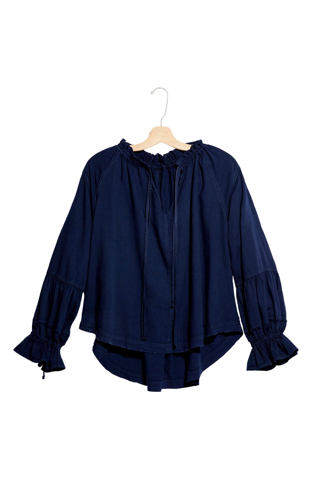 Free People Womens Alpine Denim Tie Neck Top, Blue, Size XS