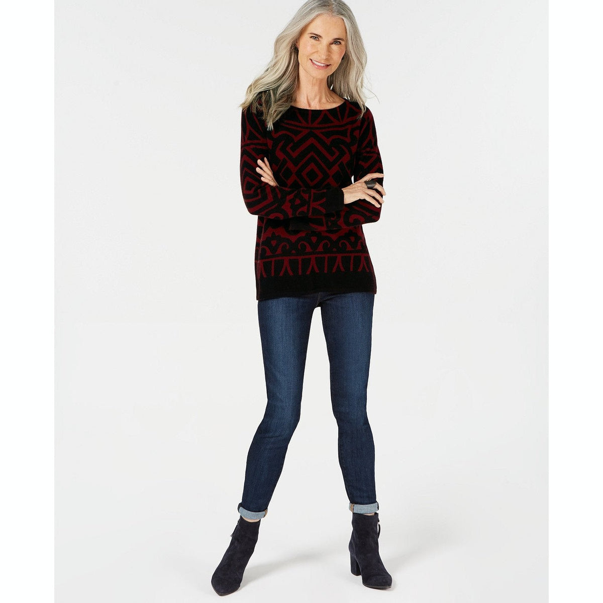 Charter Club Pure Cashmere Graphic Boatneck Sweater, Size PL