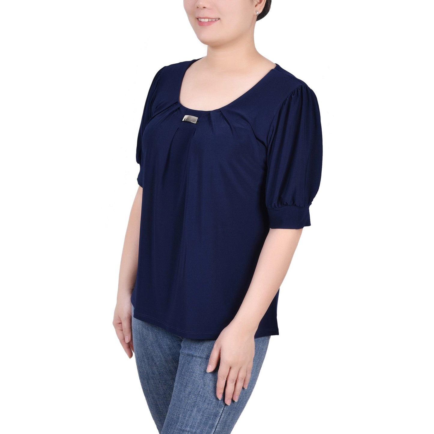 NY Collection Womens Short Sleeve Balloon Sleeve Top with Hardware