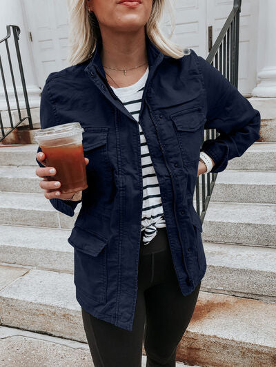 Retro Pocketed Long Sleeve Zip-Up Jacket Lightweight & Stylish Outerwear for Everyday Wear