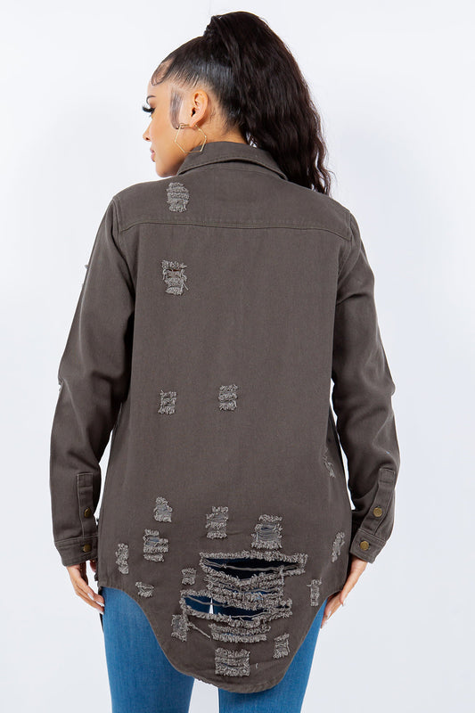 American Bazi Distressed Button Up Long Sleeve Jacket Trendy Buttoned Jacket with Distressed Finish for Women