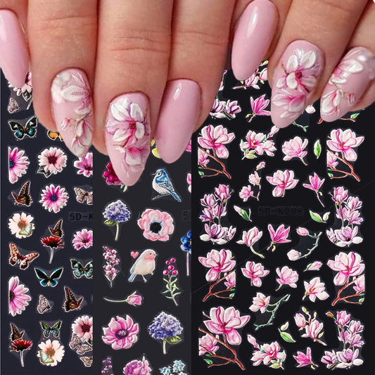 5D Embossed Nail Sticker Colorful Flower With Textured Water Slider Water Decal Nail Art Self Adhesive DIY Decal Sticker Tips Decoration Adhesive Abstract Face Curve Graffiti Nail Design for Acrylic Nail Supplies Designer Nail Decorations for Women Girls