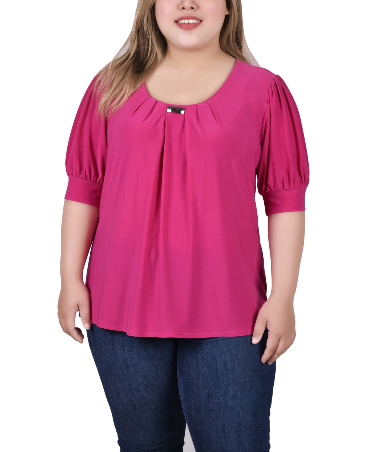 NY Collection Womens Short Sleeve Balloon Sleeve Top with Hardware
