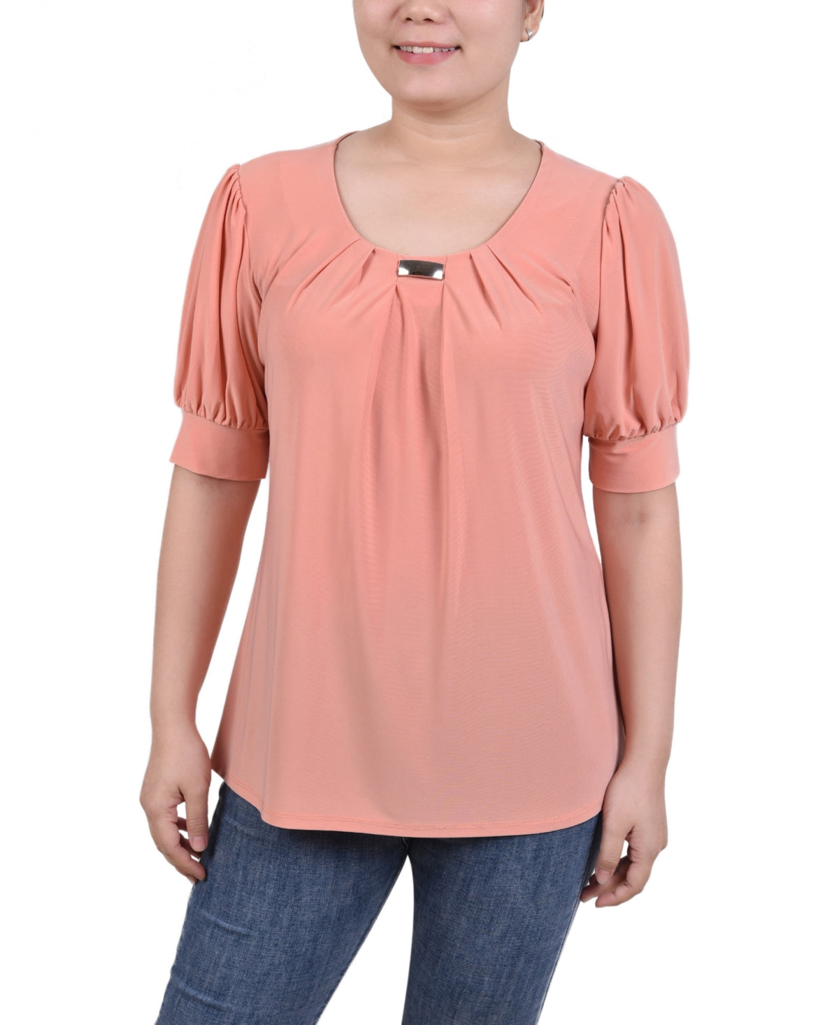 NY Collection Womens Short Sleeve Balloon Sleeve Top with Hardware
