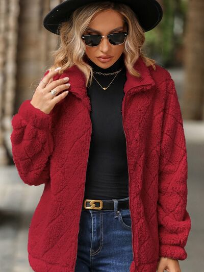 Women's Fuzzy Zip-Up Jacket with Pockets – Soft & Cozy Long Sleeve Outerwear