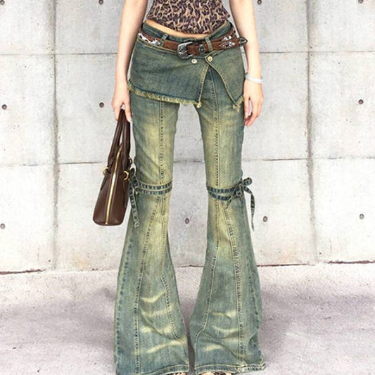 Womens Distressed Lace-up Vintage-style American Denim Jeans