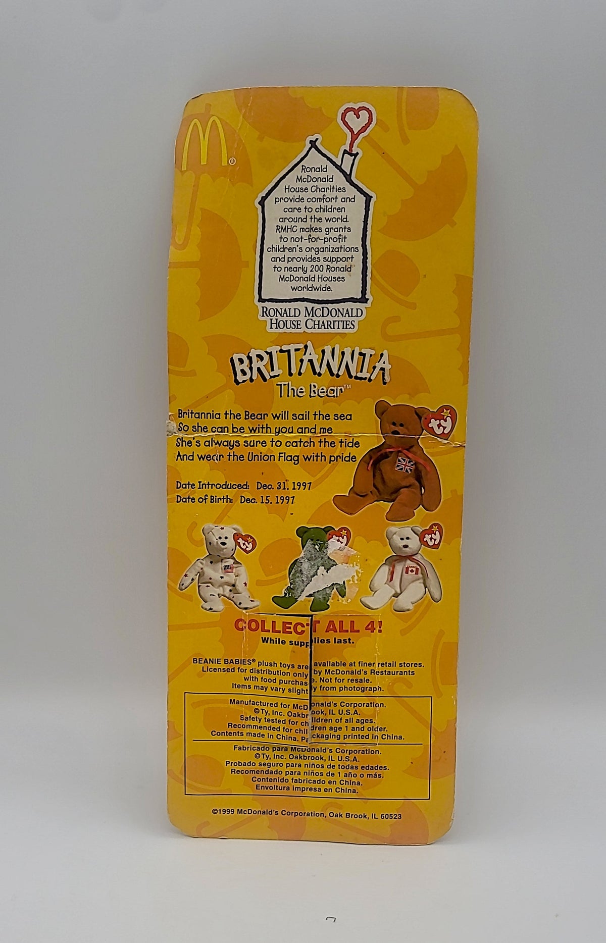 McDonalds Ty Beanie Baby Britannia the Bear Rare With 3TAG Errors 1993 Oakbrook