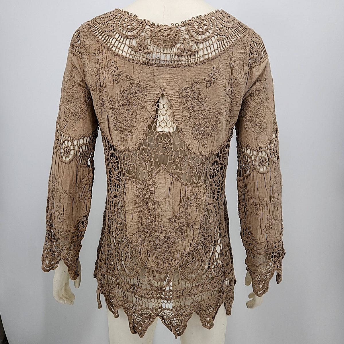 Oddy Boutique Taupe Crochet Long Sleeve Top, Size S/M