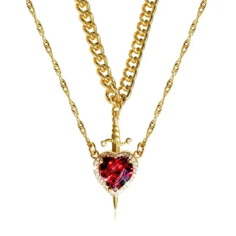 Heart and Sword Necklace Set of 2 - 18K Gold Plated STAINLESS STEEL Crystal Couple Necklaces for Women Men Boyfriend Girlfriend