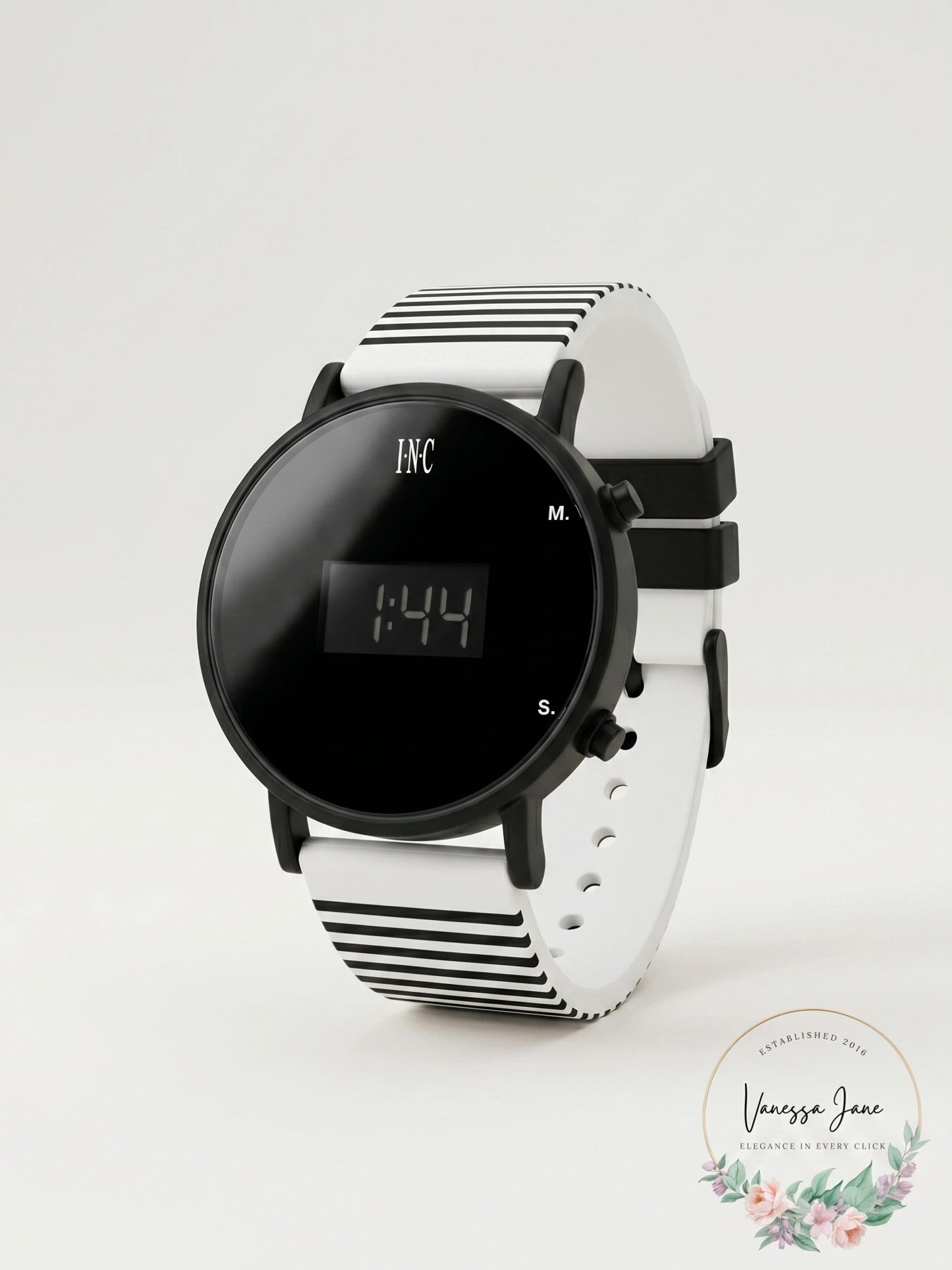 I.N.C. Womens White Striped Silicone Strap Watch 39mm