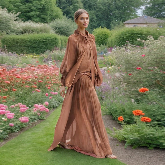 Balloon Sleeve Tie-Neck Maxi Dress(MS303)