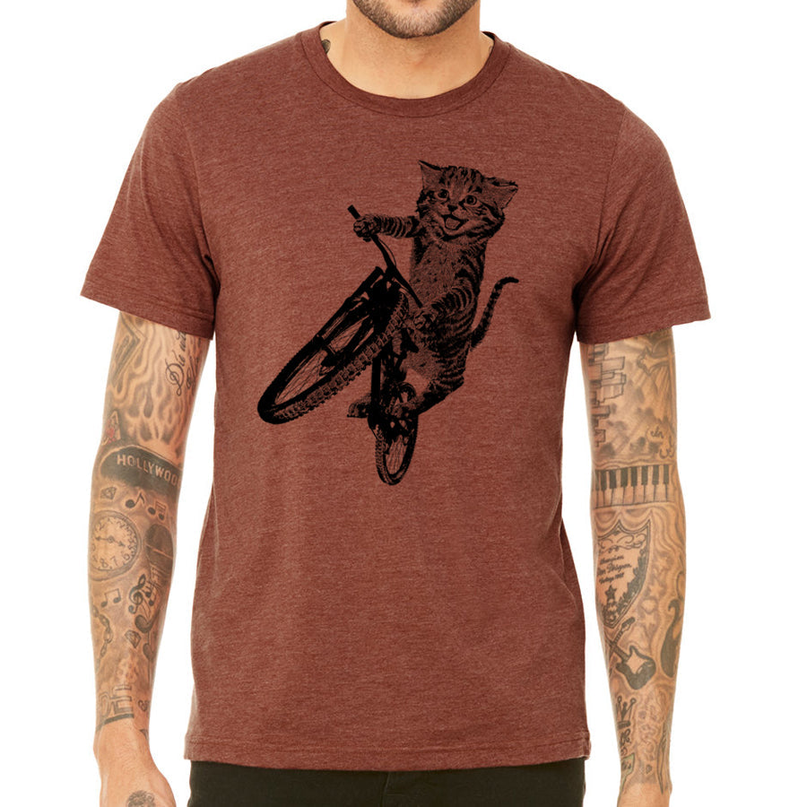 Cat Riding a Bicycle men's Tshirt- Kitten Wheelie Tee shirt- Eco Friendly Fashion- Guy's Graphic Apparel