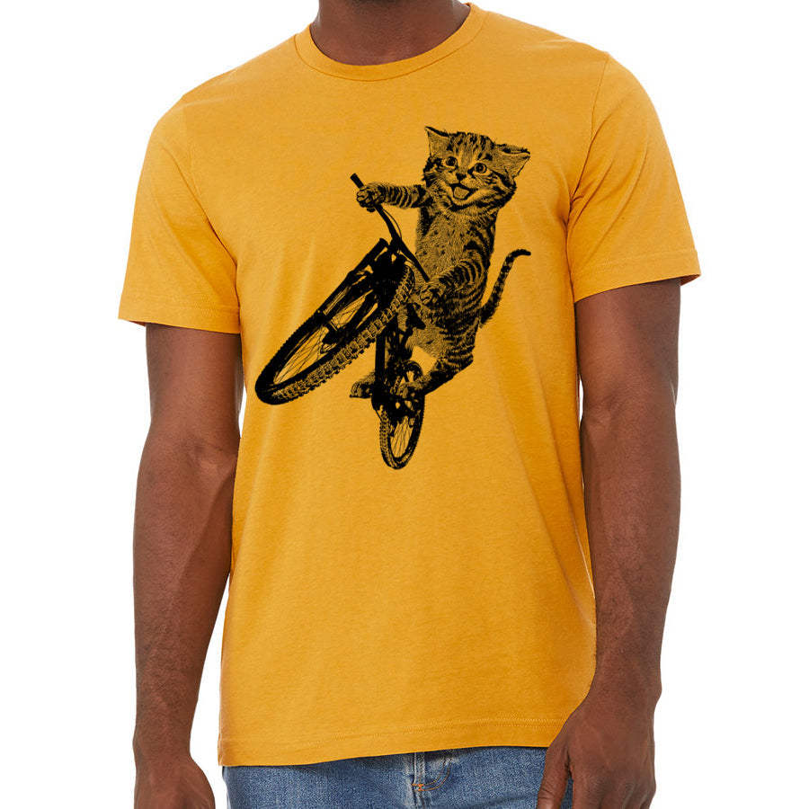 Cat Riding a Bicycle men's Tshirt- Kitten Wheelie Tee shirt- Eco Friendly Fashion- Guy's Graphic Apparel