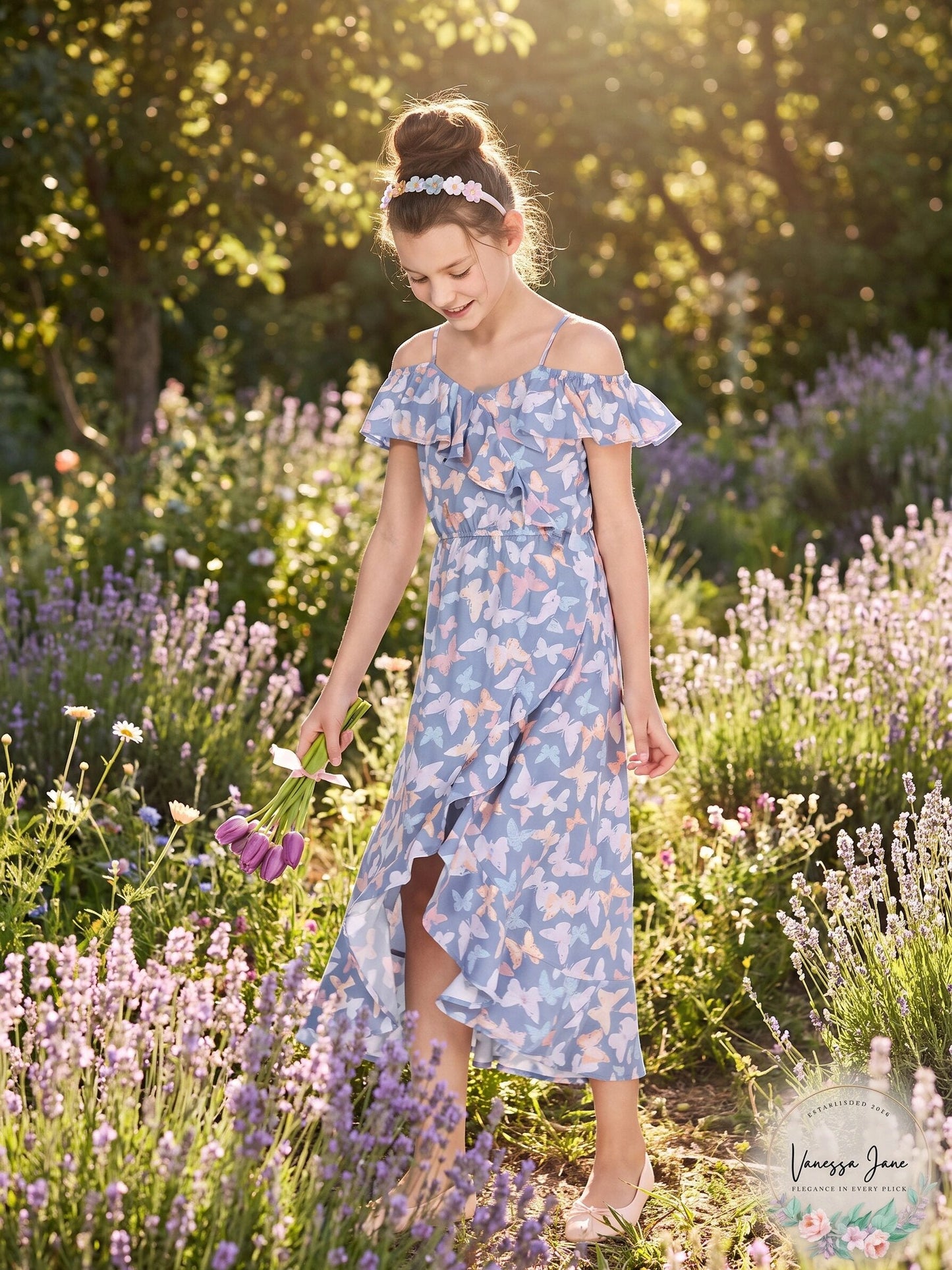 Epic Threads Big Girls Ruffle-Trim Butterfly-Print Maxi Dress, Size M