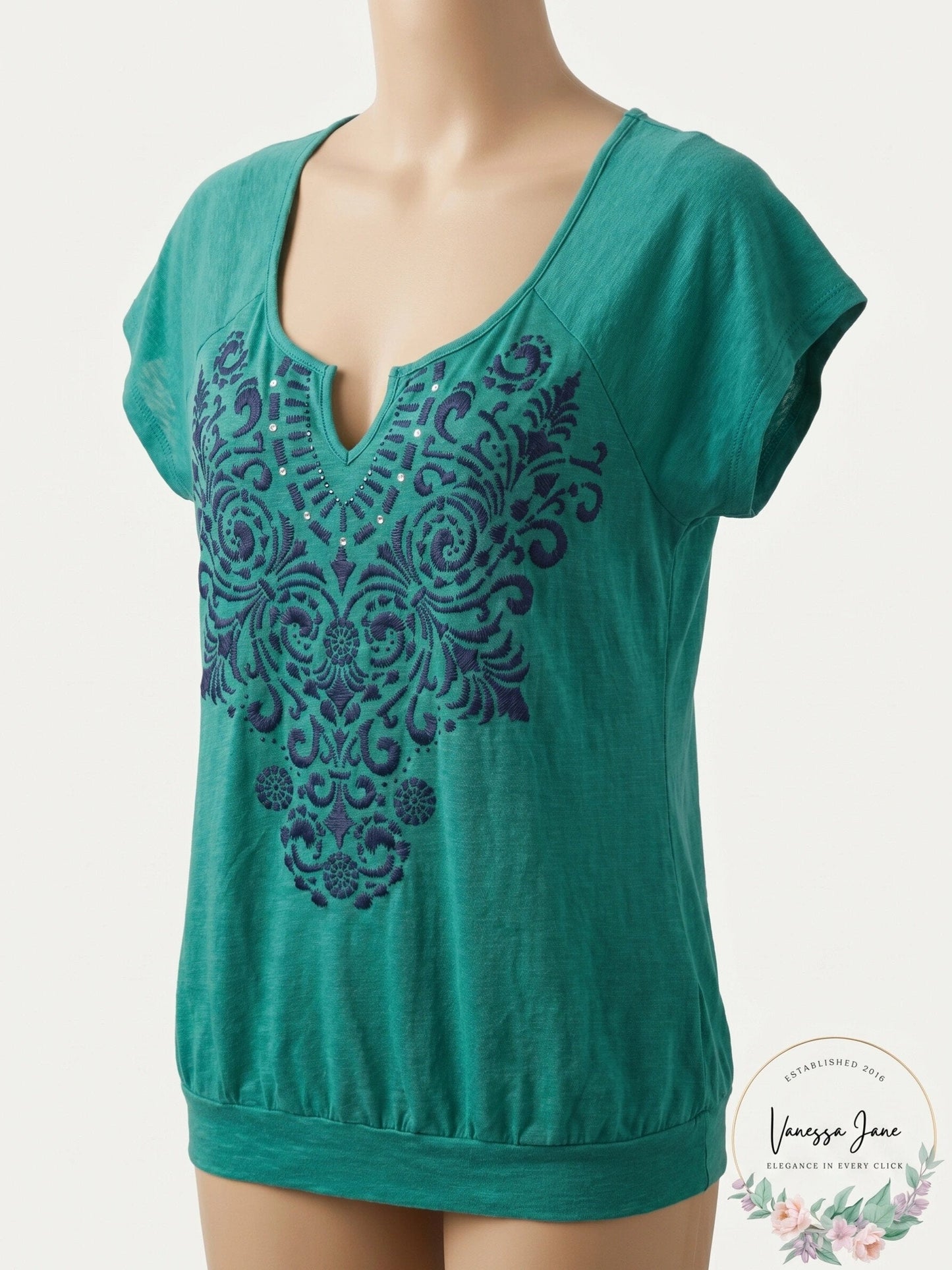 Currants Embellished T-Shirt aqua Green Rhinestone, Size small