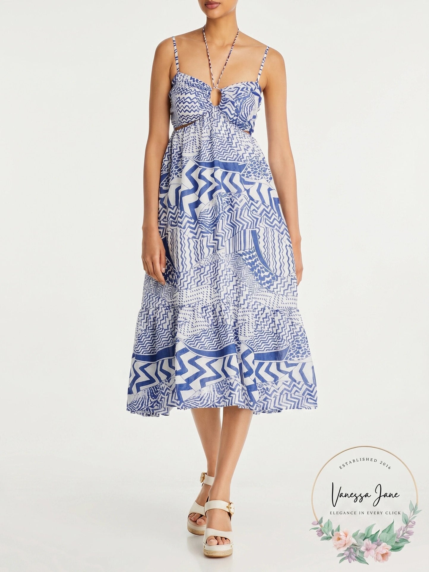 Aqua Printed Cutout Halter MIDI Dress, Size XS