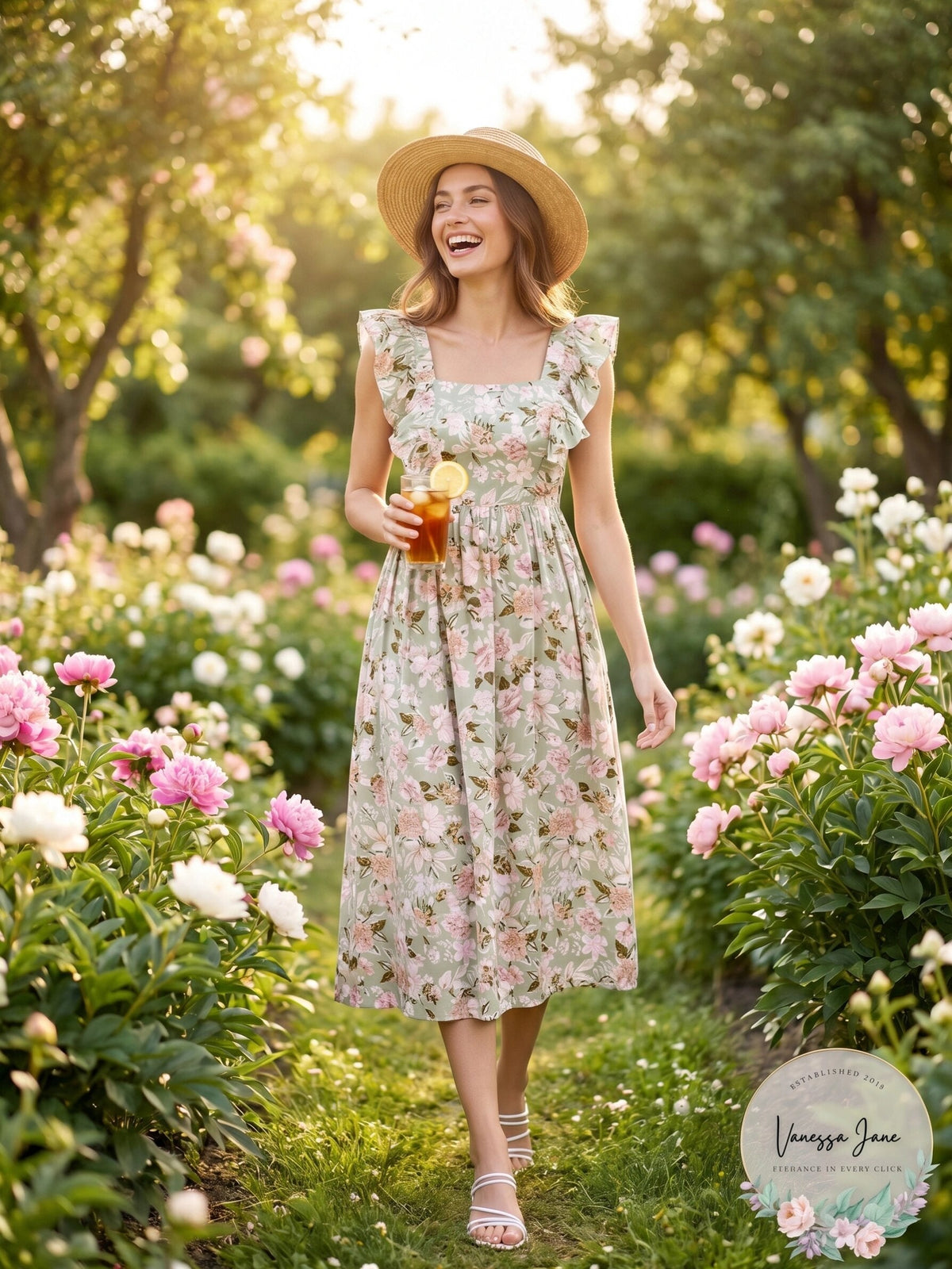 En Saison Maris Floral a-Line Dress in Sage, Size Medium