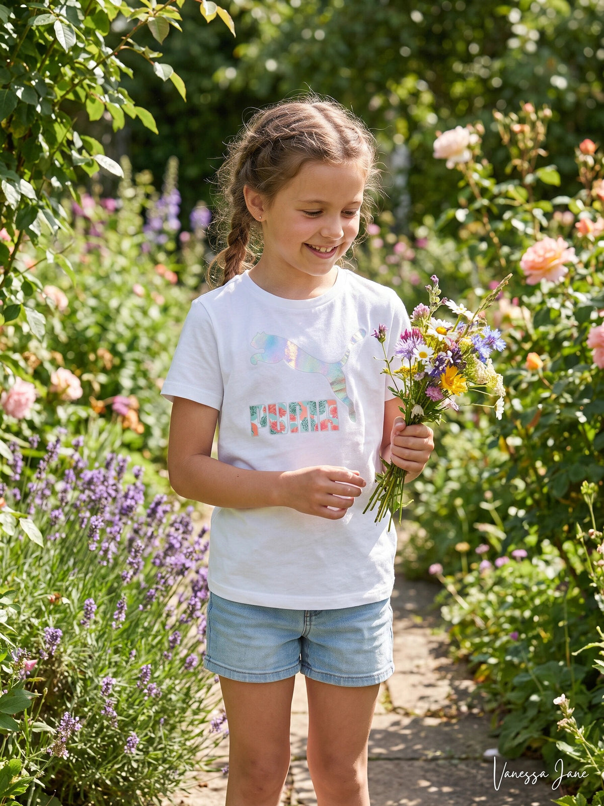 PUMA Big Girls Flower Aura Pack Graphic T-shirt, Size Large