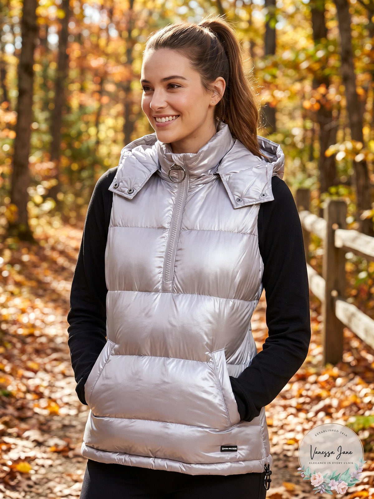 DKNY Women's Quarter-Zip Hooded Vest Metallic Static, Size Large