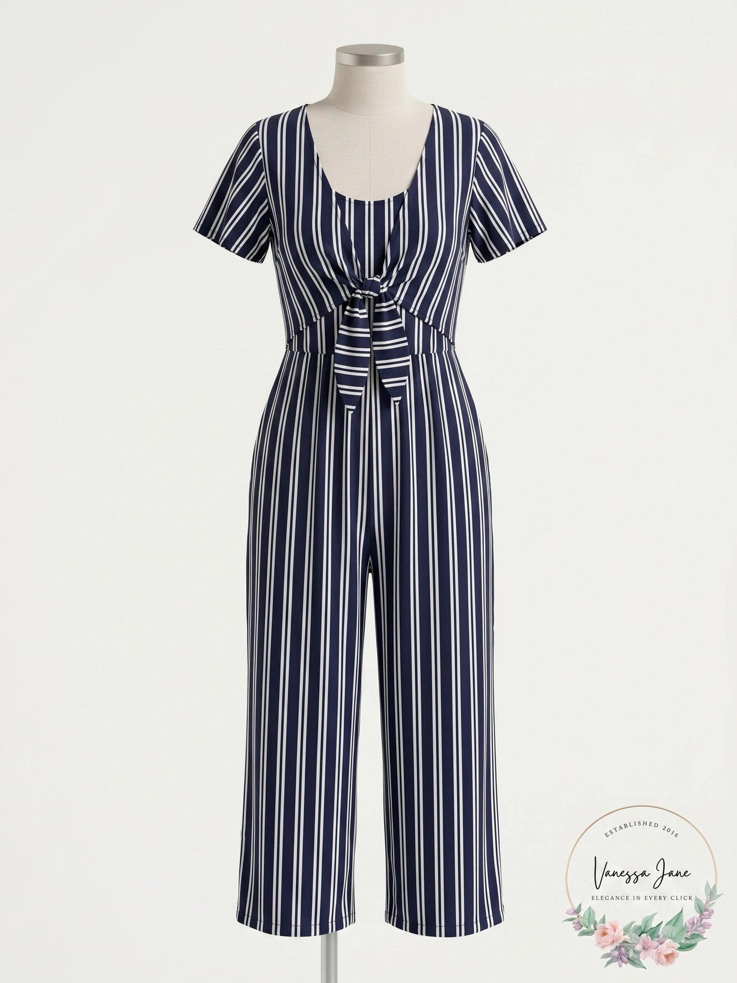 Crystal Dolls Navy Short Sleeve Cropped Jumpsuit, Size Small