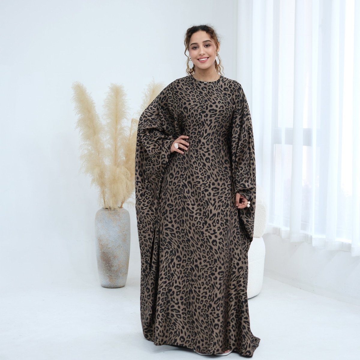 Leopard Print Batwing Maxi Dress(MA447)
