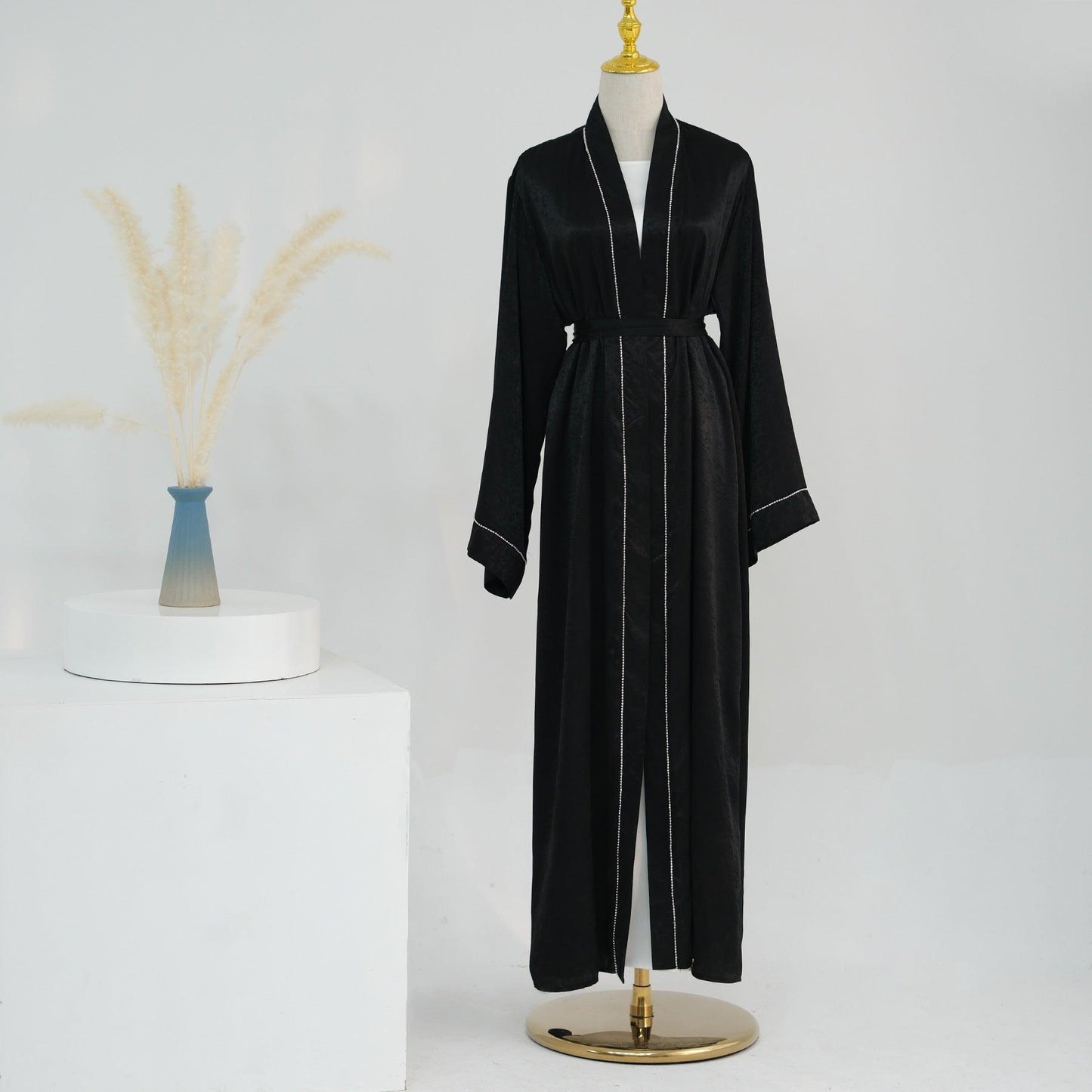 Solid Colour Trimmed Abaya Cardigan 3-Piece Set (MOA055)