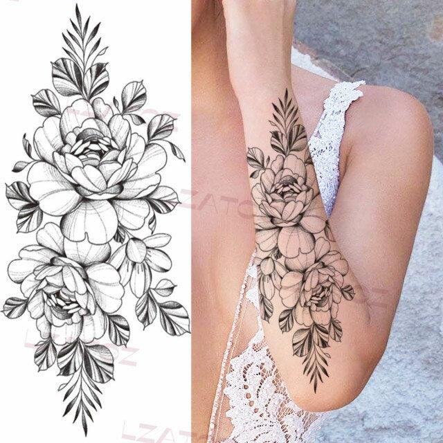 Realistic Sketches Black Flowers Temporary Waterproof Flower Tattoos Modern Body Arm Drawing For Womens