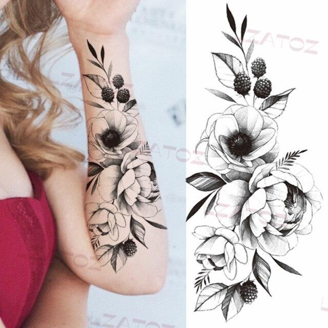 Realistic Sketches Black Flowers Temporary Waterproof Flower Tattoos Modern Body Arm Drawing For Womens