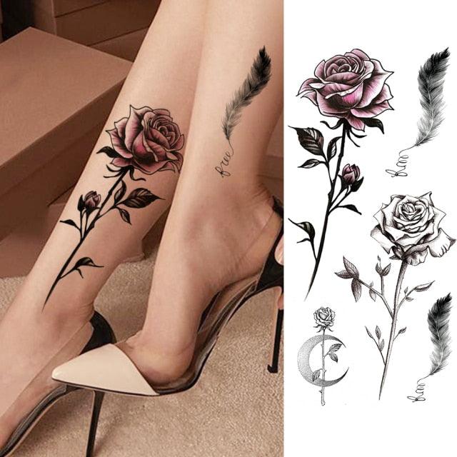 Realistic Sketches Black Flowers Temporary Waterproof Flower Tattoos Modern Body Arm Drawing For Womens