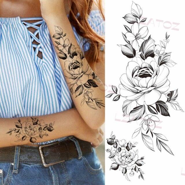 Realistic Sketches Black Flowers Temporary Waterproof Flower Tattoos Modern Body Arm Drawing For Womens